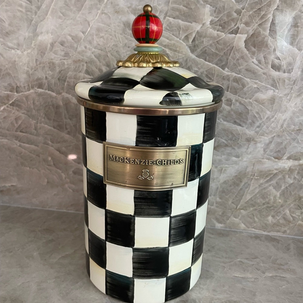 MacKenzie-Childs Black and White Checkered Canister with Red Accent
